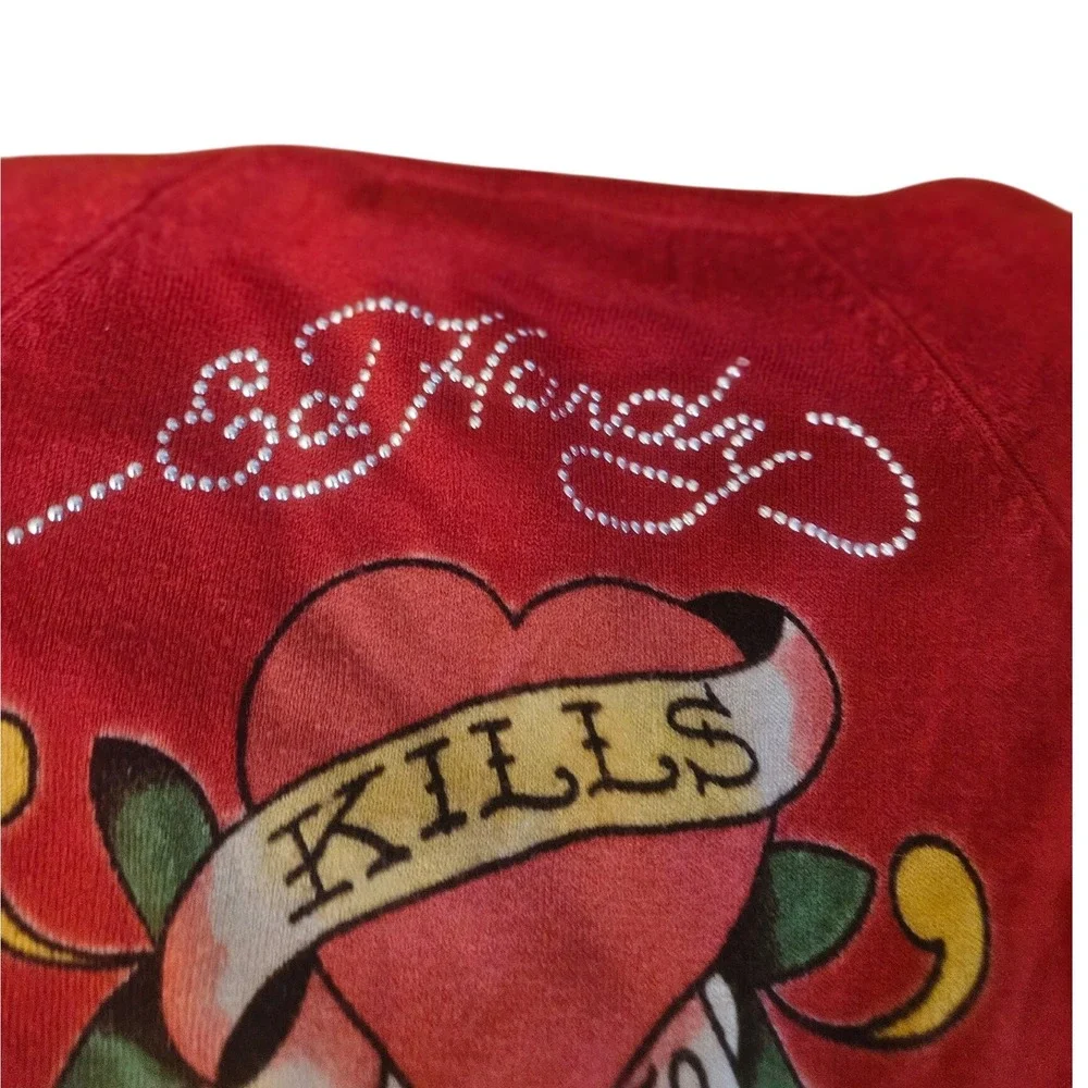 Ed Hardy Red Rhinestone Skull Butterfly Hoodie‎ Dress Size L - Picture 6 of 8
